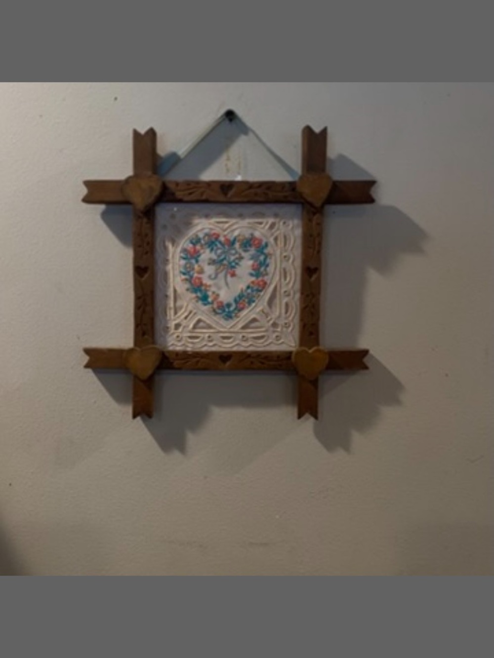 Vintage framed embroidery in Unique wooden heart frame
